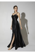 Load image into Gallery viewer, Floor length satin dress with a pleated bodice, pockets, delicate leg slit, and open corset back #9925

