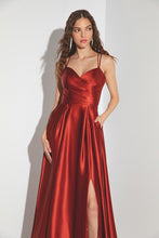Load image into Gallery viewer, Floor length satin dress with a pleated bodice, pockets, delicate leg slit, and open corset back #9925
