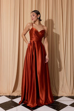 Load image into Gallery viewer, Floor length satin dress with a pleated bodice, pockets, delicate leg slit, and open corset back #9925
