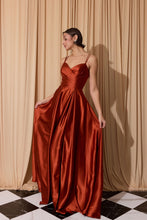 Load image into Gallery viewer, Floor length satin dress with a pleated bodice, pockets, delicate leg slit, and open corset back #9925
