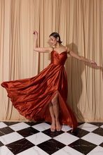 Load image into Gallery viewer, Floor length satin dress with a pleated bodice, pockets, delicate leg slit, and open corset back #9925
