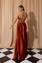 Load image into Gallery viewer, Floor length satin dress with a pleated bodice, pockets, delicate leg slit, and open corset back #9925
