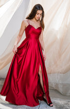 Load image into Gallery viewer, Floor length satin dress with a pleated bodice, pockets, delicate leg slit, and open corset back #9925
