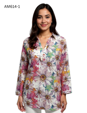 Load image into Gallery viewer, Floral Watercolor Button-Down Blouse - 3/4 Sleeve Tunic Top #AM614

