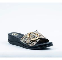 Load image into Gallery viewer, Tweed Wedge Slide Sandals with Gold Buckle #BZJ-24
