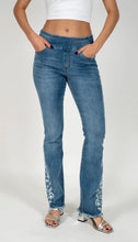 Load image into Gallery viewer, Light blue wash boot cut jeans with triangular floral inset #1107
