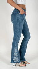 Load image into Gallery viewer, Light blue wash boot cut jeans with triangular floral inset #1107

