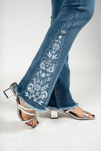 Load image into Gallery viewer, Light blue wash boot cut jeans with triangular floral inset #1107
