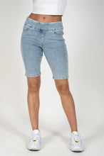 Load image into Gallery viewer, Light blue acid wash pull on bermuda short with scattered, micro-rhinestones detailing #1162
