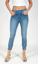 Load image into Gallery viewer, Light blue acid wash pull on crop jeans with tonal embroidery at bottom hem #1170
