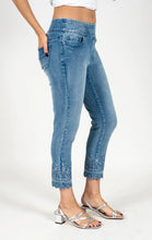 Load image into Gallery viewer, Light blue acid wash pull on crop jeans with tonal embroidery at bottom hem #1170
