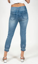 Load image into Gallery viewer, Light blue acid wash pull on crop jeans with tonal embroidery at bottom hem #1170
