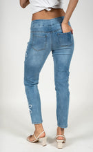 Load image into Gallery viewer, Light blue pull on comfort waistband ankle jeans with frayed floral appliques #1173
