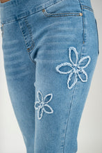 Load image into Gallery viewer, Light blue pull on comfort waistband ankle jeans with frayed floral appliques #1173
