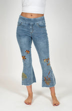 Load image into Gallery viewer, Light blue acid wash kick-flare pull on jeans with artistic nature embroidery #1174
