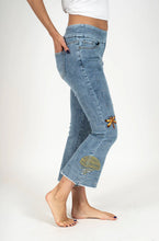 Load image into Gallery viewer, Light blue acid wash kick-flare pull on jeans with artistic nature embroidery #1174
