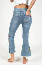 Load image into Gallery viewer, Light blue acid wash kick-flare pull on jeans with artistic nature embroidery #1174

