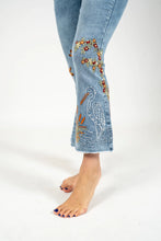 Load image into Gallery viewer, Light blue acid wash kick-flare pull on jeans with artistic nature embroidery #1174
