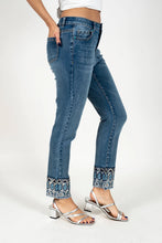 Load image into Gallery viewer, Medium blue acid wash constructed waistband ankle jeans with of paisley and geometric embroidery #1191
