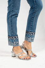 Load image into Gallery viewer, Medium blue acid wash constructed waistband ankle jeans with of paisley and geometric embroidery #1191
