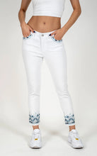 Load image into Gallery viewer, White denim constructed waistband skinny crop jeans with border Embroidery #1053
