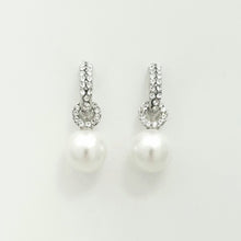 Load image into Gallery viewer, Pearl Drop Huggie Hoop Earrings with Crystal Pavé #E7129
