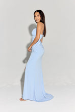 Load image into Gallery viewer, Long flattering fitted glitter spandex jersey, open corset back with open slit #EK116
