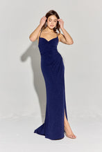 Load image into Gallery viewer, Long flattering fitted glitter spandex jersey, open corset back with open slit #EK116
