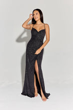 Load image into Gallery viewer, Long flattering fitted glitter spandex jersey, open corset back with open slit #EK116
