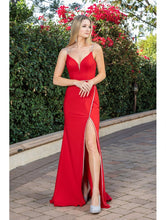 Load image into Gallery viewer, Sleek Satin Gown with Spaghetti Straps, V-Neckline, Crystal Waistband, and Thigh-High Slit
