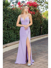 Load image into Gallery viewer, Sleek Satin Gown with Spaghetti Straps, V-Neckline, Crystal Waistband, and Thigh-High Slit

