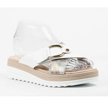 Load image into Gallery viewer, Round toe flat sandal, metallic accent, cushioned insole, flexible TPR outsole #ROH-1
